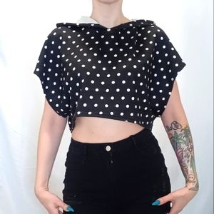 Sirens Black with White Polkadots Crop Top Short Sleeve Batwing Hoodie.